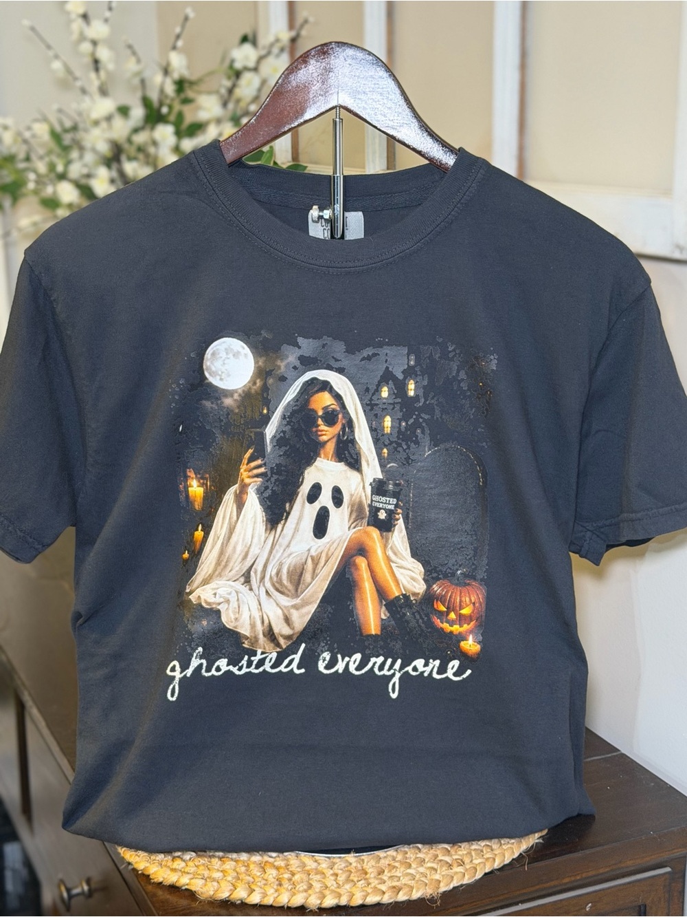 Comfort Colors Black Halloween Graphic Tee with Ghost Girl and Pumpkin